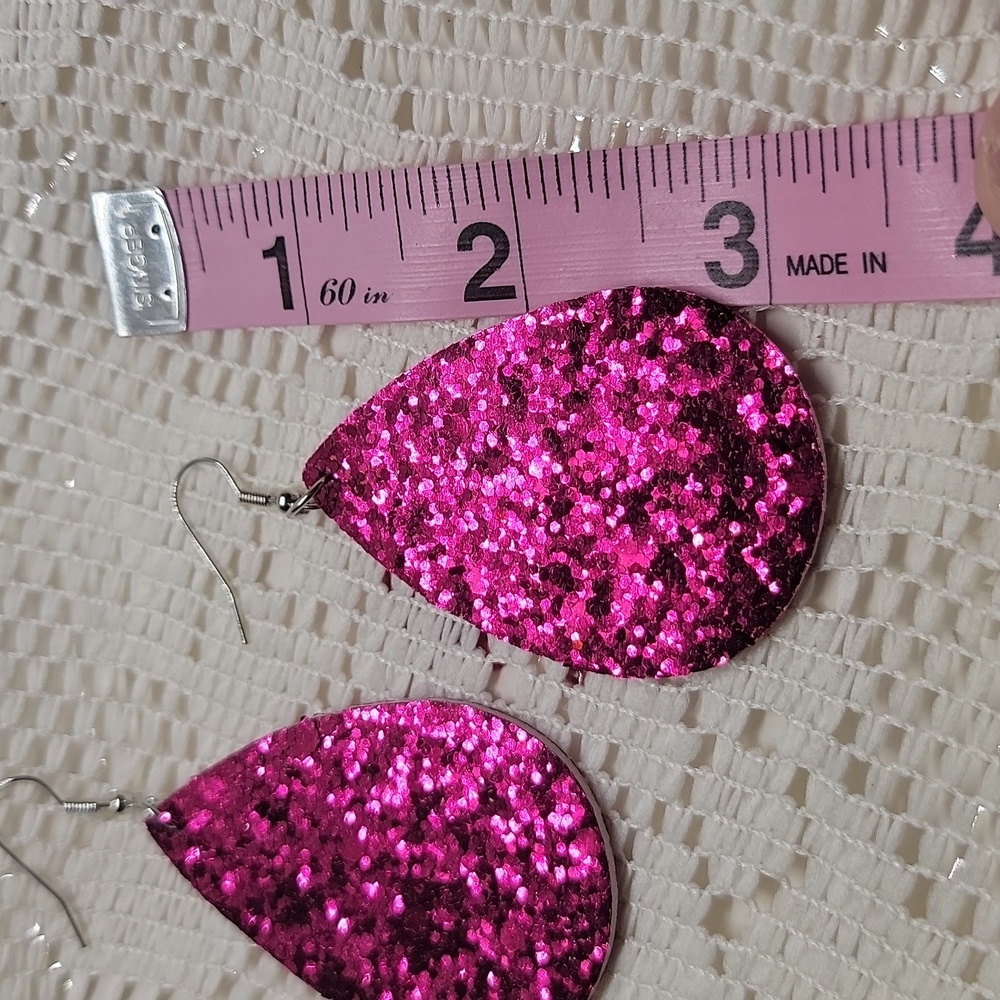 Retro Glittered Teardrop Dangle Earrings Faux Leather Pink Purplish 3" Drop NWT - Picture 5 of 8